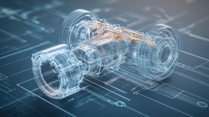 Poster - Detailed engineering blueprints with a transparent engine model layered on top, representing the cutting-edge advancements in design and innovation.
