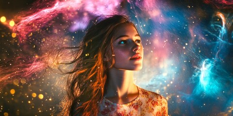 Poster - A captivating portrait of a young woman surrounded by cosmic colors. Her flowing hair dances amidst a colorful starry background. This image evokes beauty and wonder. AI.