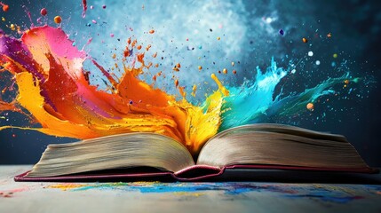 Poster - Dynamic paint splashes flying out from an open book, embodying the vivid and imaginative power of reading and creativity.