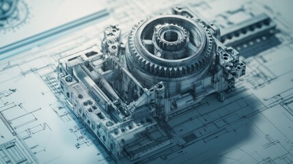 Poster - Engineering concept showcasing the development of a complex gearbox with blueprints and 3D printed prototypes in focus.