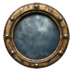 Fototapete - A circular metal frame with an aged texture and ornate detailing shows a dark grey background.