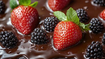 Poster - Fresh strawberries and blackberries resting on a bed of melted chocolate, adorned with mint leaves for a decadent dessert look.