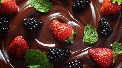 Aufkleber - Fresh strawberries and blackberries on a swirl of melted chocolate with mint leaves, creating a mouth-watering indulgence.