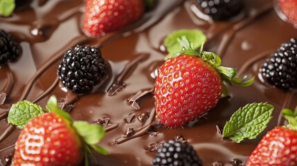 Poster - Fresh strawberries and blackberries resting on a bed of melted chocolate, adorned with mint leaves for a decadent dessert look.