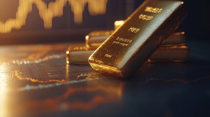 Poster - Gold bars on a table, with a stock market chart in the background illustrating financial growth and investment strategies.