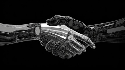 Poster - Human and AI hands digitally shaking, representing the collaboration and harmony between human intelligence and machine learning.