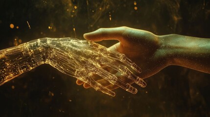 Poster - Human and AI hands digitally shaking, representing the collaboration and harmony between human intelligence and machine learning.
