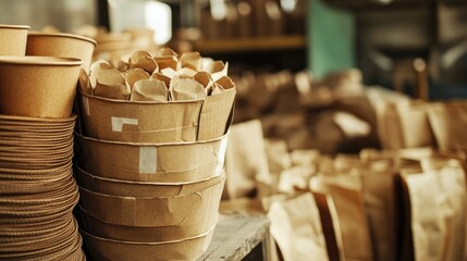 Fototapete - Kraft paper cups and bags stacked together, representing an environmentally friendly approach to everyday products.