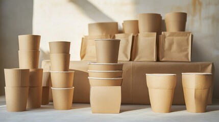 Fototapete - Kraft paper cups and bags stacked together, representing an environmentally friendly approach to everyday products.