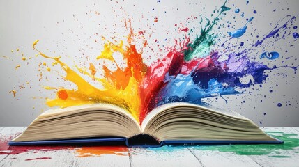 Poster - Pages of a book burst open with colorful paint splashes, symbolizing the burst of creativity and inspiration found within stories.