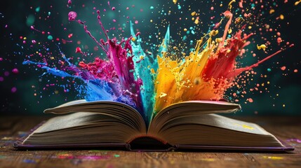 Poster - Pages of a book burst open with colorful paint splashes, symbolizing the burst of creativity and inspiration found within stories.