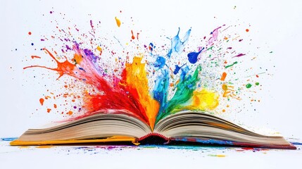 Poster - Pages of a book burst open with colorful paint splashes, symbolizing the burst of creativity and inspiration found within stories.