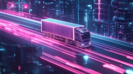 Poster - Polygonal truck with glowing lines travels on a digital highway at night, representing the cutting edge of smart logistics and technology.