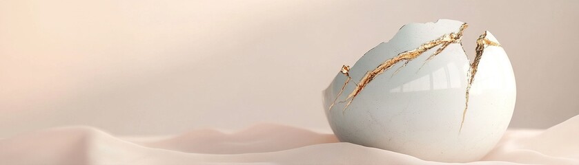 Poster - An elegant abstract sculpture illustrates the beauty of resilience through its golden cracks on a smooth surface. Set against a neutral backdrop, it radiates inspiration and calmness