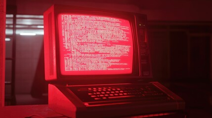 Aufkleber - Red-lit vintage computer screen displaying code, evoking a sense of nostalgia for the early era of programming and technology.