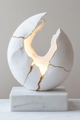 Poster - This striking abstract sculpture showcases visible golden cracks, embodying the beauty of resilience and healing. Set against a neutral background, it radiates an inspiring ambiance