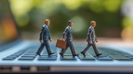 Poster - Small businessmen figurines walking on a laptop keyboard, symbolizing the digital world impact on business and innovation.