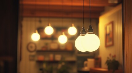 Poster - Soft, glowing light bulbs hanging from the ceiling, creating a welcoming, cozy atmosphere with their warm light in an indoor setting.