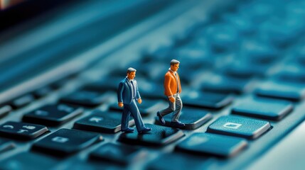Poster - Tiny businessman figurines walking on a laptop keyboard, emphasizing the fusion of corporate work and modern technology.