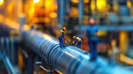Poster - Tiny workers working on a giant pipeline at an oil refinery, bringing attention to the meticulous tasks in industrial maintenance.