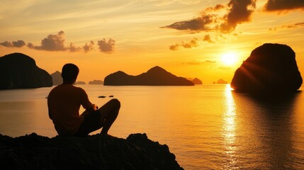 Poster - Tourist enjoying a peaceful sunset view over Bacuit Archipelago, El Nido, Palawan, capturing the essence of relaxation and adventure.