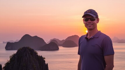 Poster - Tourist enjoying a peaceful sunset view over Bacuit Archipelago, El Nido, Palawan, capturing the essence of relaxation and adventure.