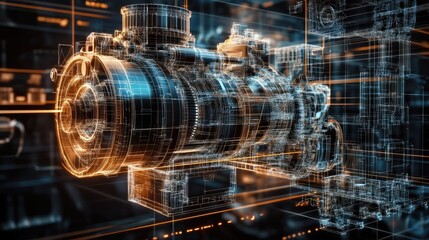 Poster - Transparent engine diagram overlaying precise engineering plans, illustrating the ongoing evolution and development of modern machinery.