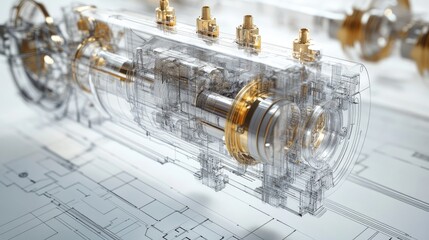 Poster - Transparent engine diagram overlaying precise engineering plans, illustrating the ongoing evolution and development of modern machinery.
