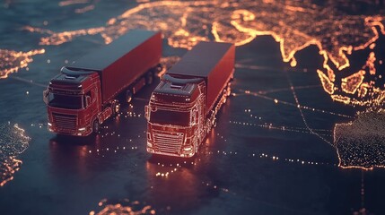 Poster - trucks integrated into a smart global network, illustrating the future of fleet management and logis