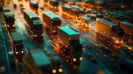 Poster - trucks integrated into a smart global network, illustrating the future of fleet management and logis