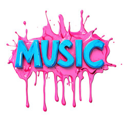 Poster - A vibrant image of the word MUSIC in bold blue letters set against a pink paint splash with drips.