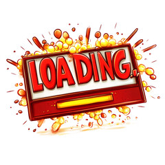 Poster - The image depicts a stylized loading screen featuring bold red text and a dynamic splash of yellow and orange bubbles.