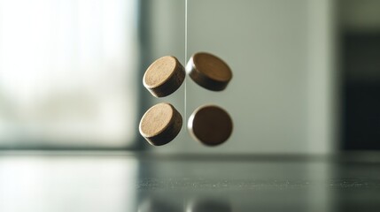 Poster - Two magnets floating in mid-air, held by a transparent string, with a subtle sense of tension, illustrating magnetic forces.