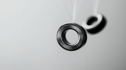 Poster - Two magnets in mid-air, connected by a transparent string, visualizing the concept of magnetic tension and energy.