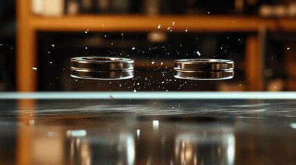 Poster - Two neodymium magnets rapidly snapping together on a table, with motion blur creating a dynamic effect of speed and force.