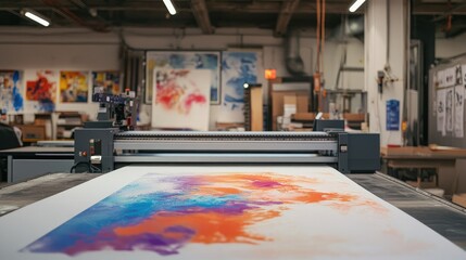 Poster - Vibrant ink colors emerging from an industrial printer onto large format paper, captured in a busy and modern production space.