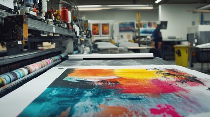 Poster - Vibrant ink colors emerging from an industrial printer onto large format paper, captured in a busy and modern production space.