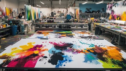 Poster - Vibrant ink colors emerging from an industrial printer onto large format paper, captured in a busy and modern production space.