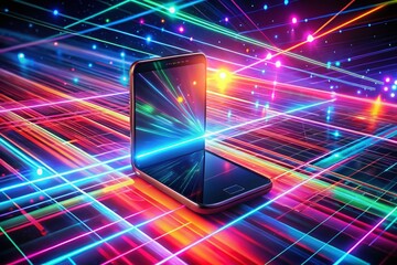 Poster - Vintage Futuristic Smartphone Glowing Data Streams, Colorful Illuminated Background, Advanced Technology, Digital Connectivity Stock Photo
