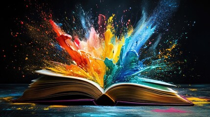 Poster - Vibrant paint splashes exploding from an open book, illustrating the dynamic energy of ideas and creativity springing to life.
