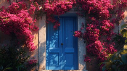 Aufkleber - Vibrant pink flowers frame a classic blue Greek door, evoking a picturesque Mediterranean atmosphere perfect for a summer getaway