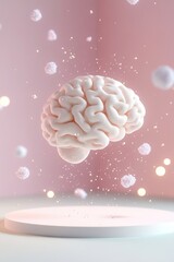 Poster - A 3D-rendered glowing brain hovers in a soft pastel gradient of blue, lavender, and mint green. Surrounded by delicate light particles, it offers ample negative space for text overlay