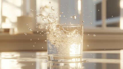 Poster - Water pouring into a glass, with droplets flying through the air, creating a refreshing and lively scene on a clean white table.