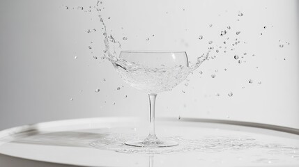 Poster - Water pouring into a glass, with droplets flying through the air, creating a refreshing and lively scene on a clean white table.