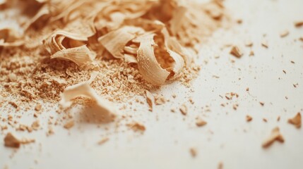 Poster - Wood sawdust and curls scattered across a white surface, offering a simple, clean composition for a minimalist style.