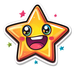 Aufkleber - A cheerful yellow star cartoon character with a big smile and large eyes, surrounded by smaller stars.