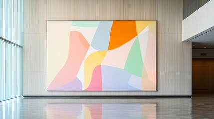 Poster - Modern Abstract Art Installation in Corporate Setting with Colorful Shapes and Soft Pastels