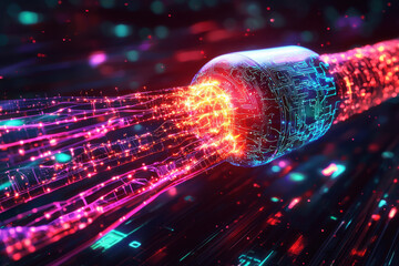 Poster - Glowing neural link implant with holographic circuits extending into a digital grid in a futuristic setting