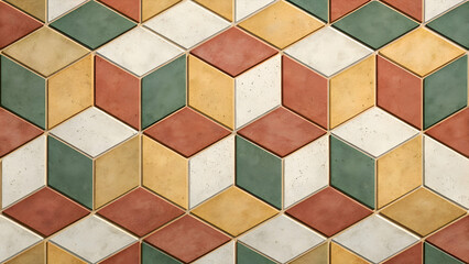 Poster - A geometric abstract background with a pattern of interlocking cubes and hexagons in earthy colors.