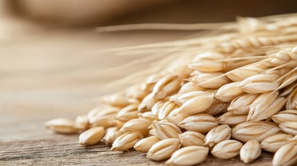 Wall Mural - Close-up of wheat grains on wooden surface